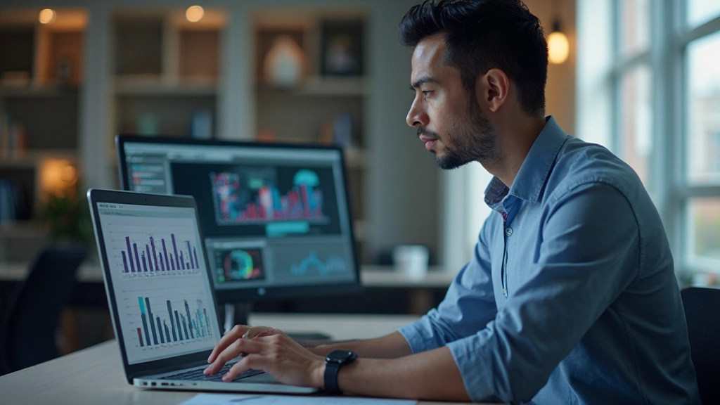 Аналитик анализирует диаграммы на ноутбуке в офисе
