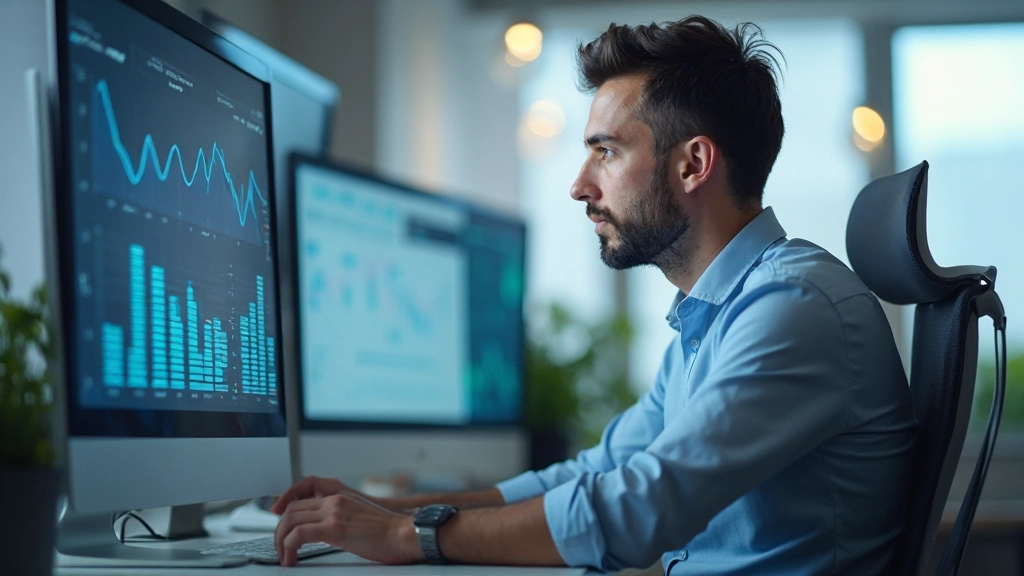 Аналитик изучает графики продаж на мониторе компьютера